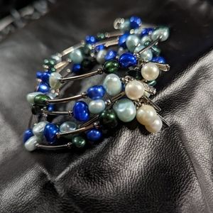 2 Vantel Pearl royal blue, light blue and green pearl wrap bracelet
